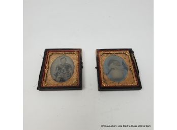 Two Antique Photos Of Children In A Hinged Case (missing Hinge)