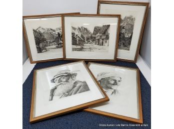 Lot Of Five European Pencil-signed Engravings In Frames