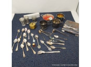 Lot Of Silver Plate Souvenir Spoons, Cups, Thimble And Related Items