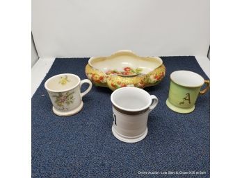 Lot Of Vintage Porcelain Mugs And A Hand-painted Fruit Bowl