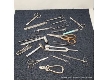 Medical Tool Lot Of Scissors, Tweezers, Syringe Handles, Mcgill Hammer, Vibration Fork And More