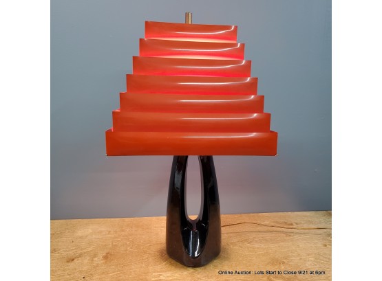 MCM Black Ceramic Lamp With Collapsible Red Metal Shade
