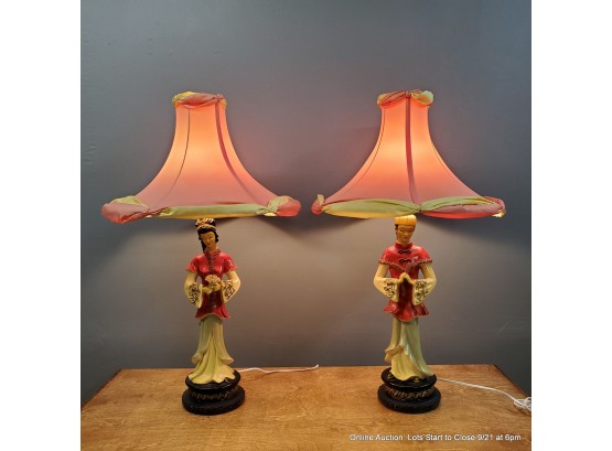 Vintage Continental MCM Chinese Figural Lamps With Shades