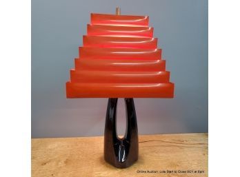 MCM Black Ceramic Lamp With Collapsible Red Metal Shade