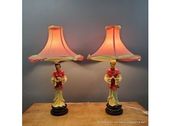 Vintage Continental MCM Chinese Figural Lamps With Shades