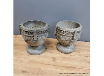 Pair Of Concrete Urns With Grape & Greek Key Motif