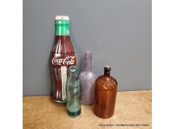 Assorted Vintage Glass Bottles & Coke Thermometer