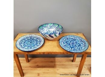 Large Spanish Pottery Bowl And 2 Platters