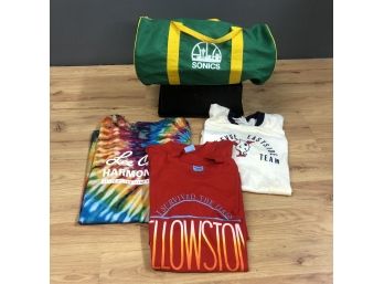 Lot Of Vintage Seattle Sonics Bag And 4 T-shirts