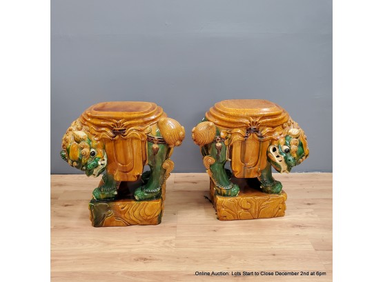 Pair Of Chinese Foo Dog Plant Stands Or Garden Stools