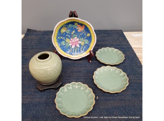 Celadon Vase, Small Plates, And Ceramic Bowl
