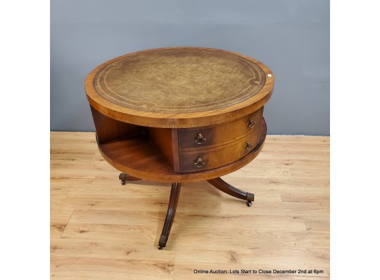 Drum Table With Leather Top With Two Drawers On Casters