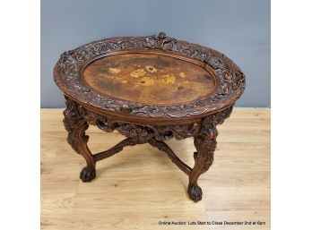 Ornately Carved Marquetry Inlaid Coffee Table