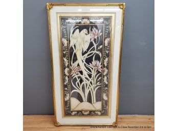 Large Watercolor And Ink Floral And Bird Scene In Lovely Parcel Gilded Frame