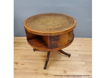 Drum Table With Leather Top With Two Drawers On Casters