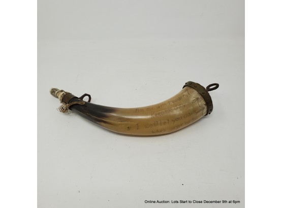 Antique Powder Horn With Brass, Antler And Wood Mounts