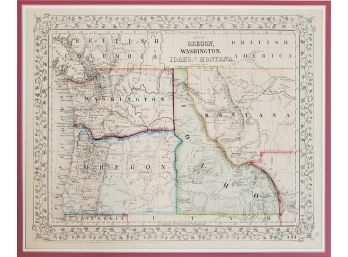 19th Century Hand-Colored Map Of Washington, Oregon, Idaho & Western Mont.