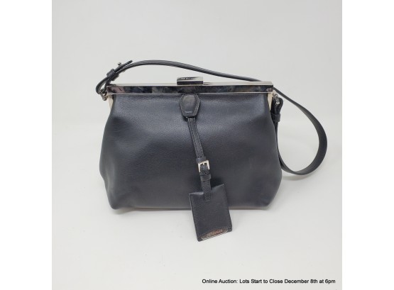 Jill Sander Black Leather Shoulder Bag With Silver Hardware, Clam Shell Closure