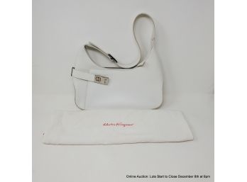 Salvatore Ferragamo White Leather Shoulder Bag, With Silver Hardware And Dust Bag