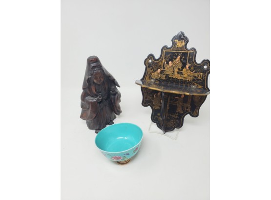 Lot Of Asian Items: Floral Chinese Bowl, Carved Wood Woman, Folding Lacquer Wall Shelf.