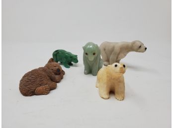 Selection Of Bear Carvings: Jade, Alaskan Ivory, Malachite, Resin