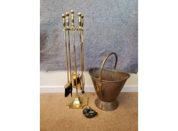 Brass Fire Place Tools & A Lump Of Coal
