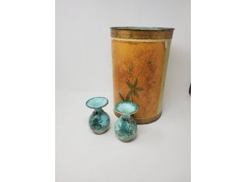 Vintage Metal Rubbish Bin, Two Porcelain Vases