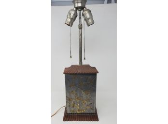 Asian Table Lamp With Silver And Brass Avian & Floral Scene