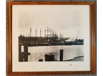 B/W Photograph Of Tall Ships In Harbor