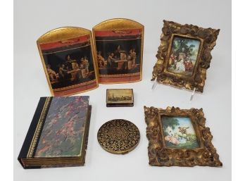 Lot Of Decorative Items: Compact, Book Safe, Metal Match Safe, Italian Bookends, Small Framed Prints