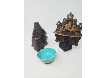 Lot Of Asian Items: Floral Chinese Bowl, Carved Wood Woman, Folding Lacquer Wall Shelf.