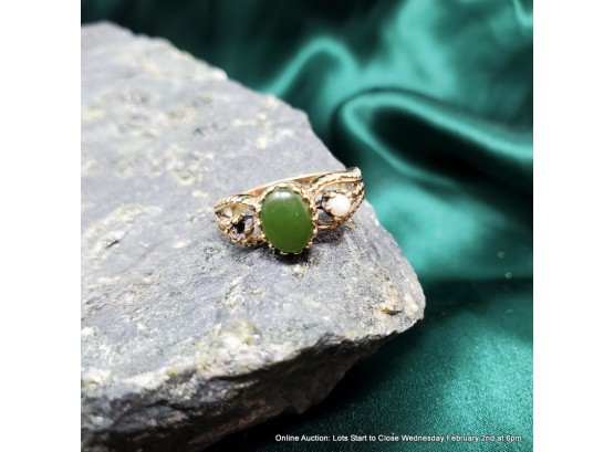 10K Yellow Gold, Nephrite And Pearl Ring