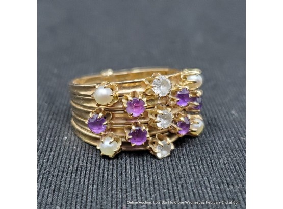 14kt Yellow Gold Multi Band Ring With Faux Stones And Pearls 8grams