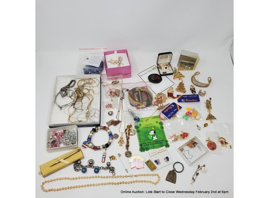 Lot Of Misc. Costume Jewelry- Earrings, Pin, Key Chain, Bracelet