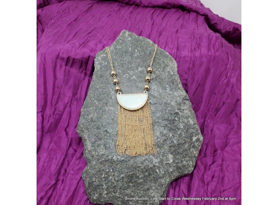 Stunning Gold Tone Opera Necklace With Fringe And Pale Green Jadeite Stone