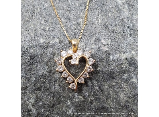 14K Yellow Gold And Diamond Heart Shaped Pendant Necklace