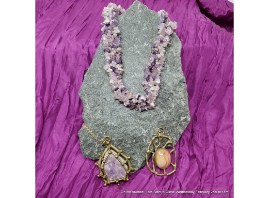 Two Brutalist-Style Stone Pendants And A Raw Amethyst Necklace
