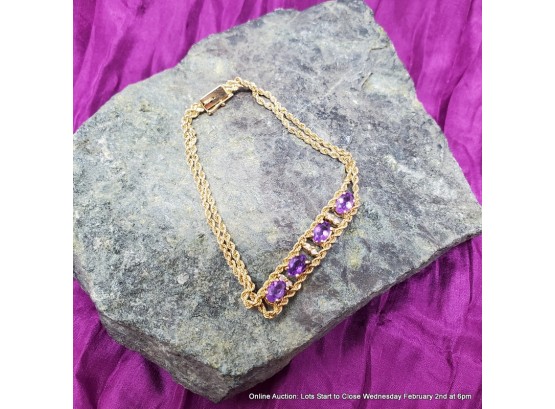 14K Yellow Gold Bracelet With Amethysts And Diamonds
