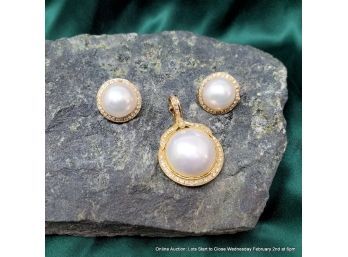 Earring And Pendant Set 14K Gold, Pearls And Diamonds
