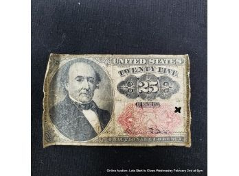 1874 United States Twenty Five Cents Fractional Currency Circulated, Ungraded