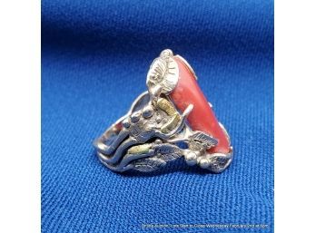 14K Yellow Gold Leaf Form Ring With Coral Stone