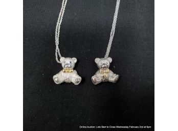 Lot Of 2 18kt Yellow And Sterling Teddy Bear Pendant Necklaces On 16' Sterling Chains