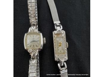 Lot Of 2 Diamond & 14kt Gold Ladies Wrist Watches, Bulova & Omega