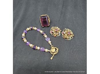 Lot Of Costume Jewelry Including Sterling Toggle Bracelet, Amethyst And Gold Tone Ring, Clip On Earrings