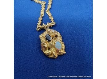 Gold Nugget Pendant And Chain With Opal And Sapphire And Diamond