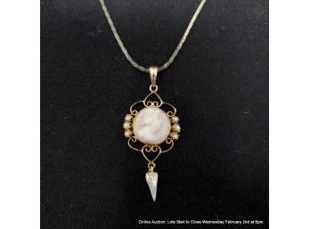 10kt Yellow Gold Shell Cameo And Seed Pearl Pendant On 19' Sterling Chain