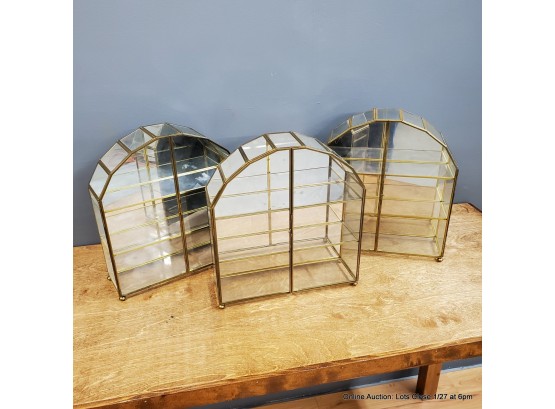 Three Brass & Glass Curio Cabinets With Arched Tops
