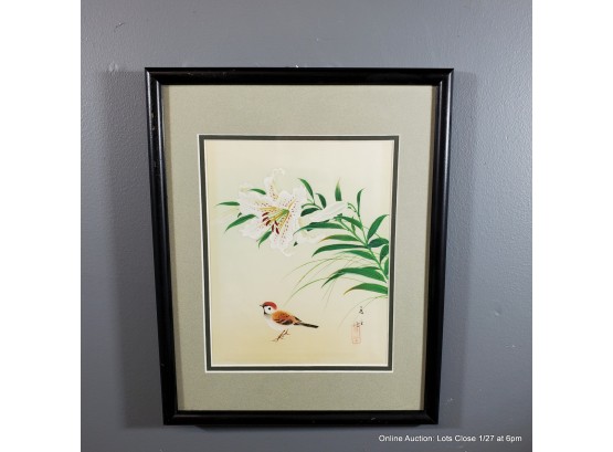 Kobayashi Painting On Silk Bird With Lily