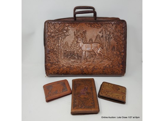 Hand Tooled Leather Briefcase And Wallets 4pc