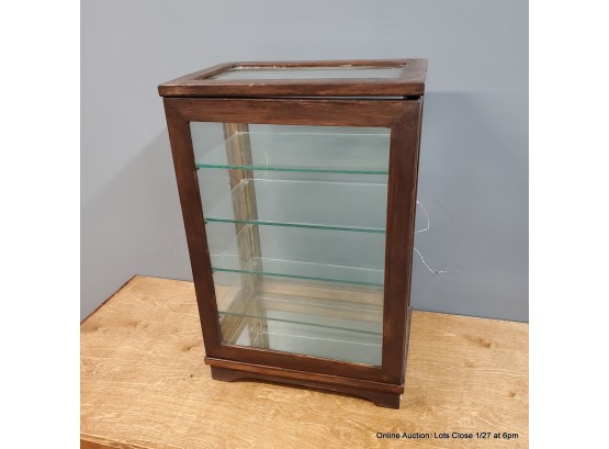 Wood-framed Counter Top Display Case With 4 Glass Shelves And Mirrored Bottom